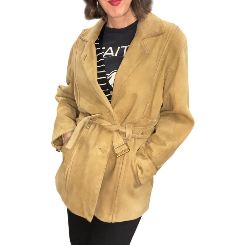 Vintage 80s Genuine Leather Suede Belted Blazer Jacket Camel Tan Strong Shoulder